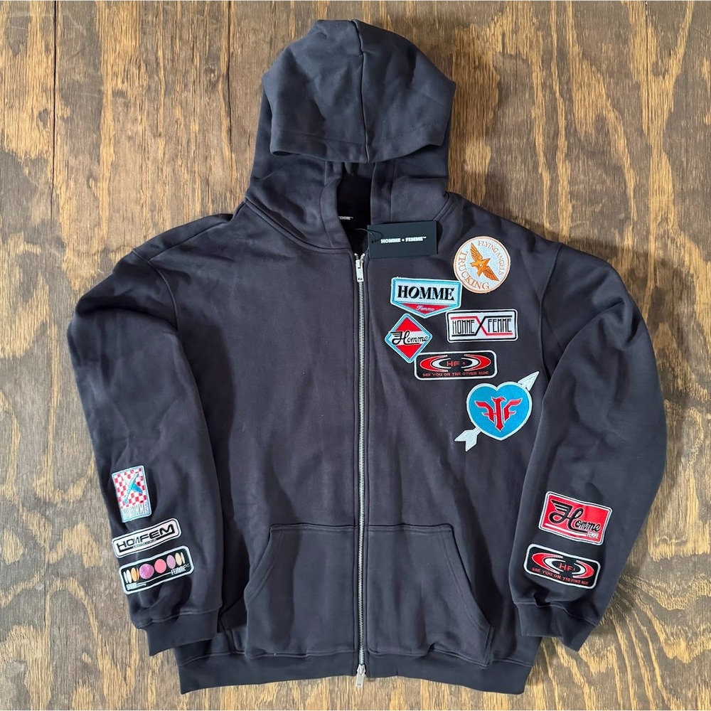 NWT Homme + Femme Road Trip Zip Hoodie L Flying Angels Patchwork $230